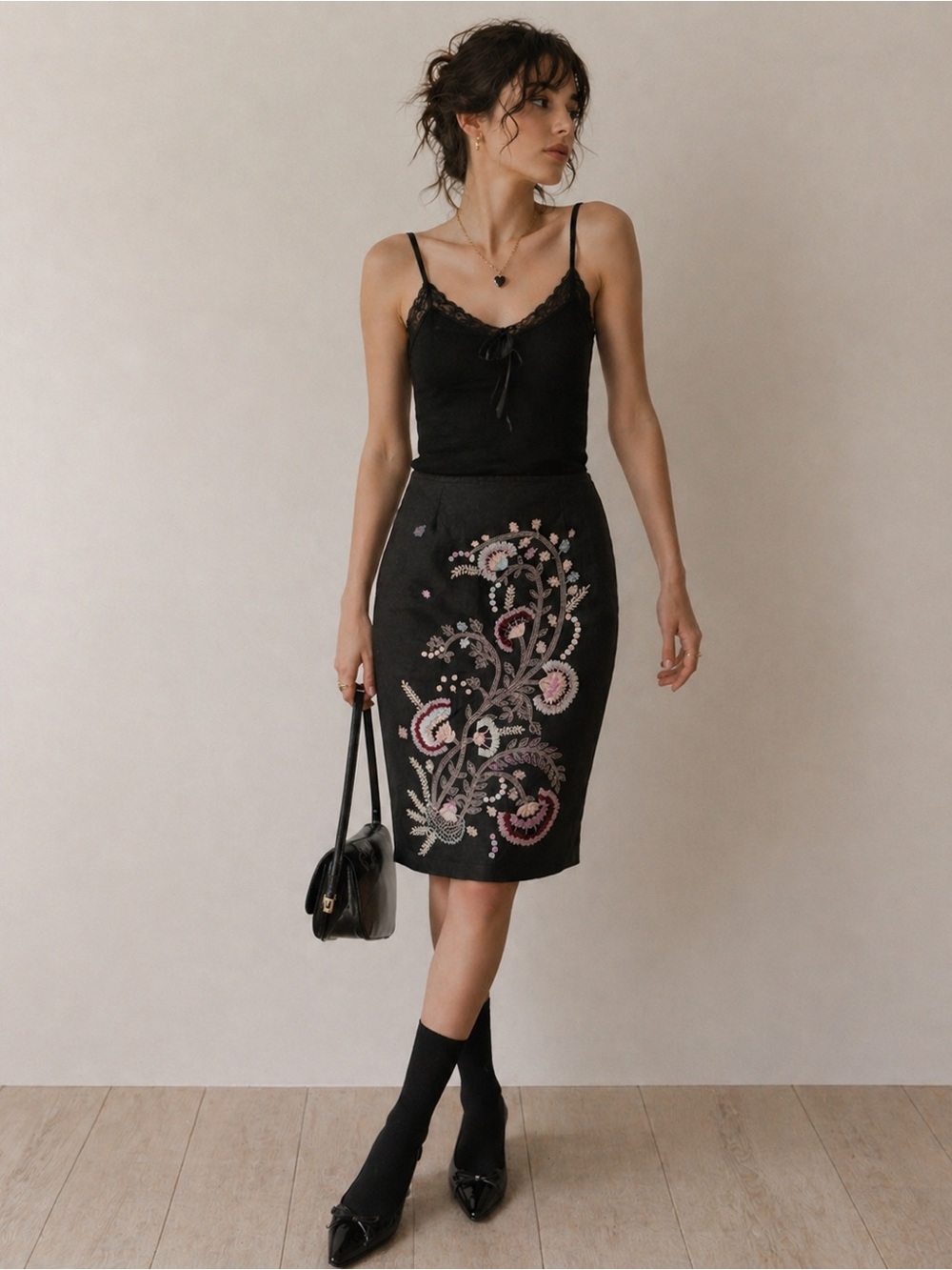 VTG Y2K 90s Woman Linen Embroidered Beaded Pencil Skirt US6P Classic Romantic
